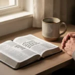 Open Bible and peaceful prayer space for reading psalms about faith