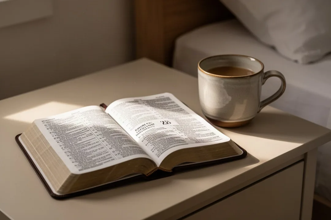 Open Bible and morning light representing comfort from Psalm 23