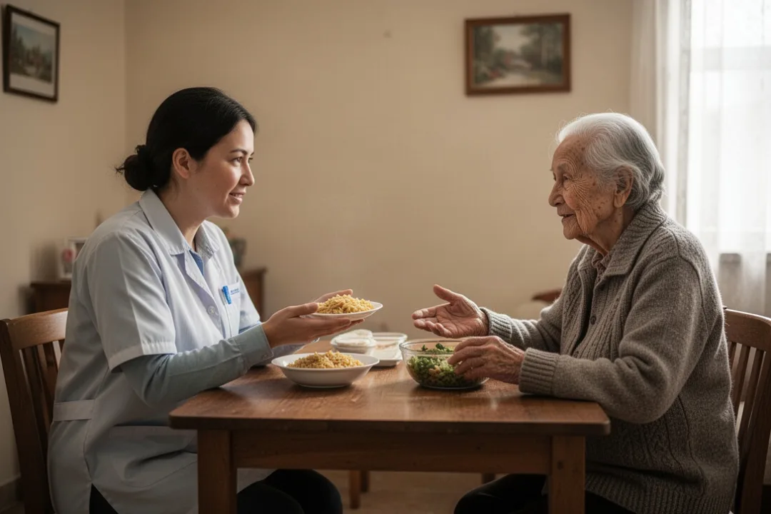 Volunteer sharing a meal and compassionate conversation with an elderly neighbor