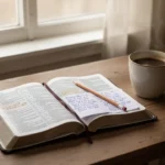 Open Bible, notes, pencil, and coffee on a quiet morning table
