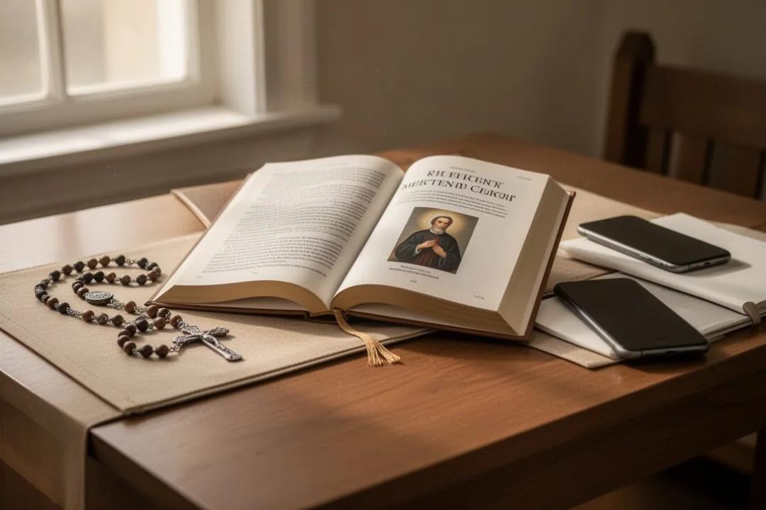 Catholic reader studying a biography of a recent saint