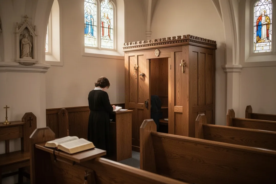 Person preparing quietly for reconciliation confession inside a Catholic church