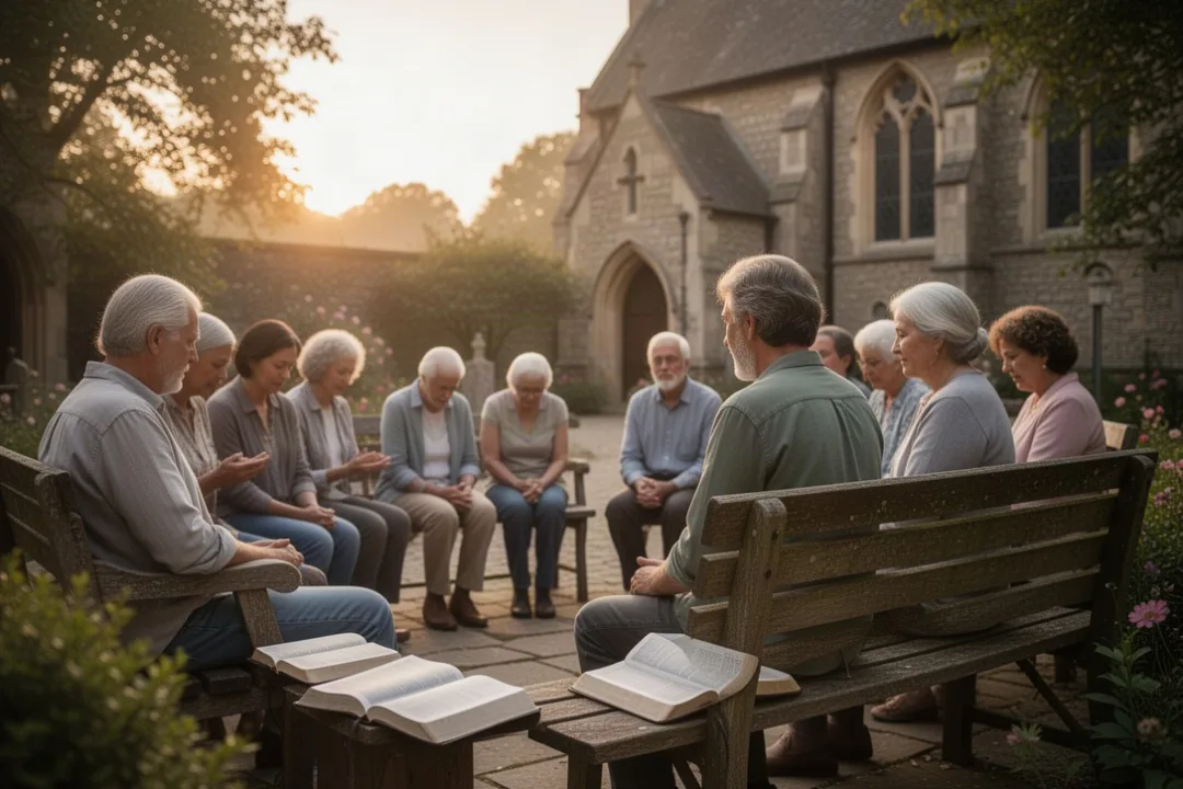 Community worshipers expressing gratitude together in a peaceful church courtyard