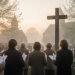 Sunrise worship gathering celebrating Resurrection Sunday near a church cross