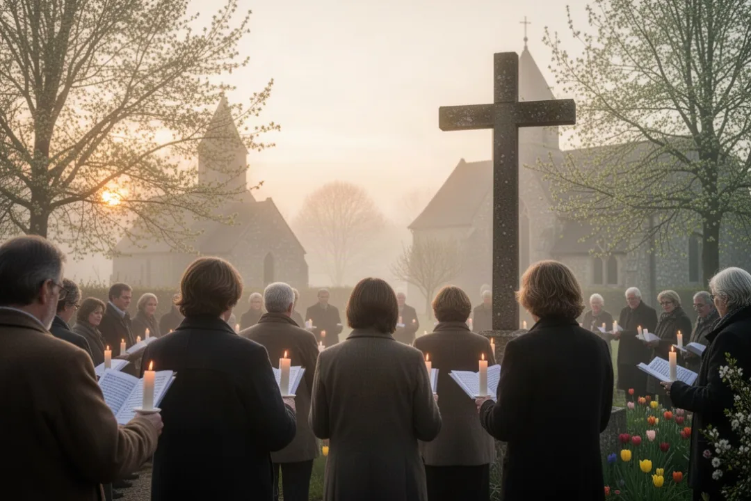 Sunrise worship gathering celebrating Resurrection Sunday near a church cross