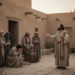 Prophet praying beside a grieving family in an ancient courtyard