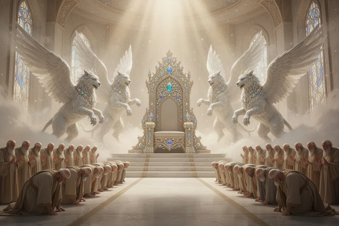Symbolic heavenly throne room with worshipers surrounding God’s throne