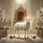 Lamb standing beside sealed scroll in a heavenly throne room