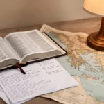 Open Bible and study notes beside an ancient Mediterranean map