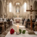 Rose and crucifix inside a quiet Italian basilica dedicated to Saint Rita