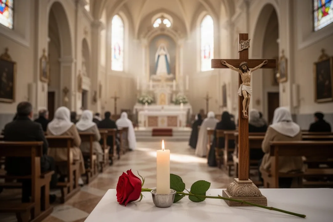 Rose and crucifix inside a quiet Italian basilica dedicated to Saint Rita