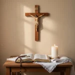 Wooden crucifix displayed in a peaceful Catholic home prayer corner