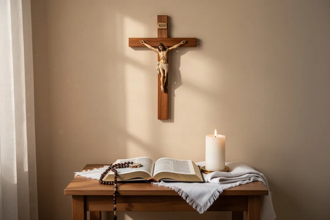 Wooden crucifix displayed in a peaceful Catholic home prayer corner
