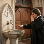 Person using holy water at a Catholic church entrance