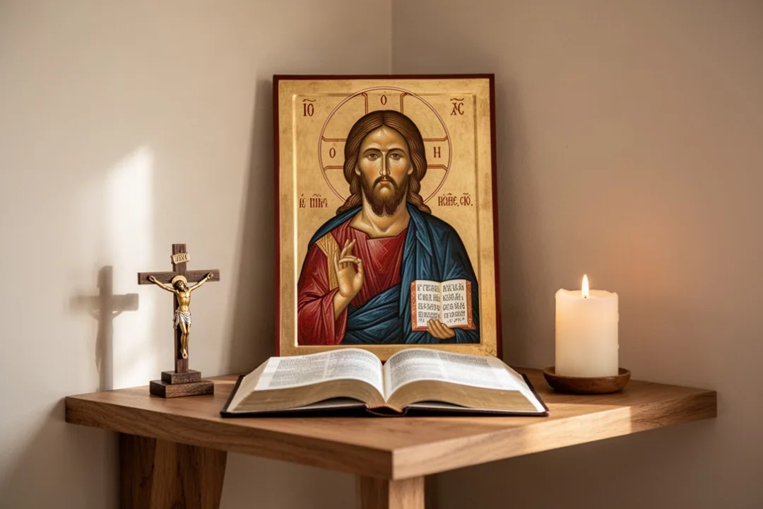 Catholic home prayer corner with Christ icon, crucifix, Bible, and candle