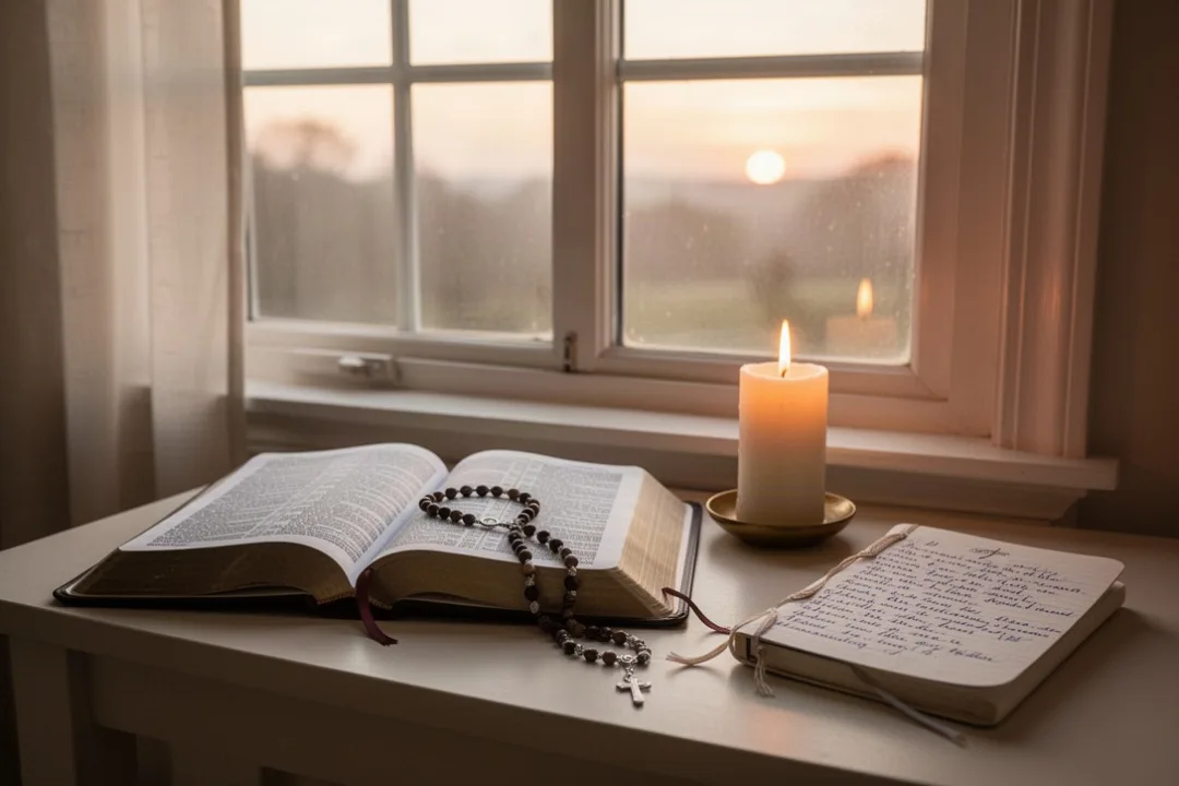 Catholic prayer corner with Bible, rosary, candle, and journal