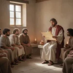Diverse early Christians listening to Paul read Scripture in Rome
