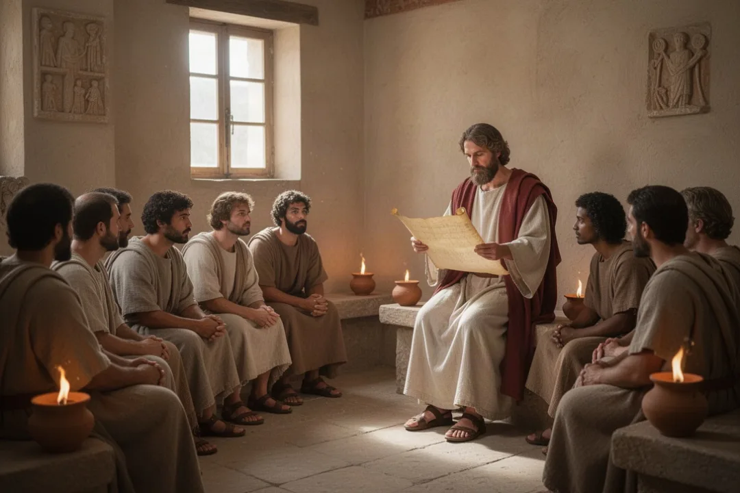 Diverse early Christians listening to Paul read Scripture in Rome
