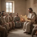 Diverse early Christians listening to Paul read Scripture in Rome