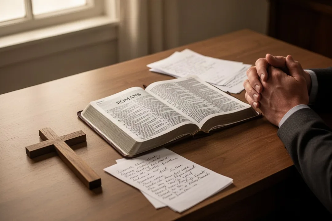 Bible study scene representing freedom from sin in Romans 6