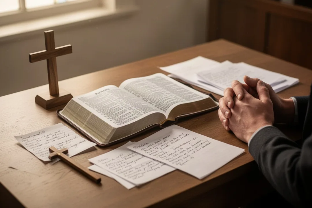 Bible study scene representing freedom from sin in Romans 6