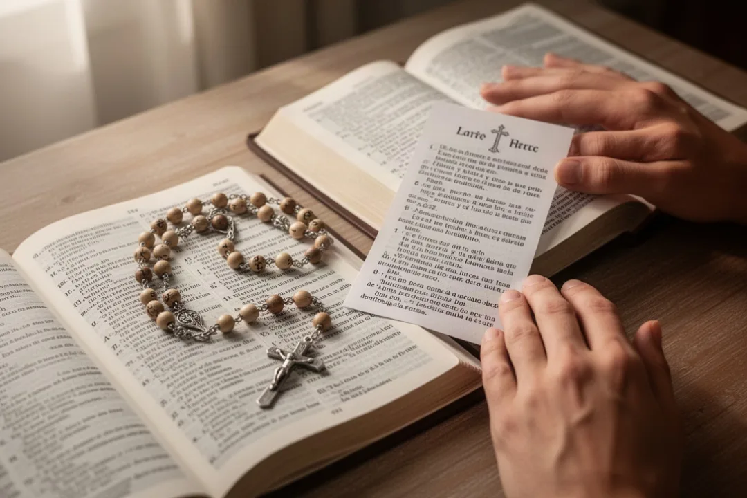Spanish rosary beads beside an open prayer booklet