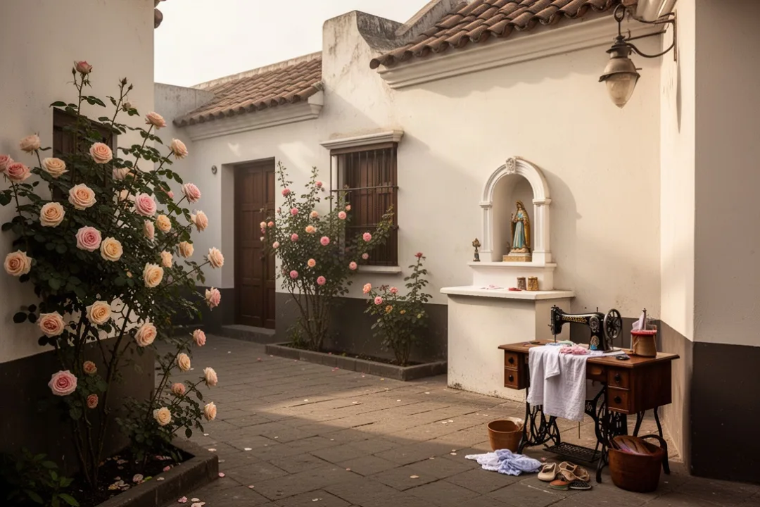 Historic Lima courtyard with roses and symbols of Saint Rose