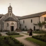 Benedictine monk carrying firewood through a monastery courtyard