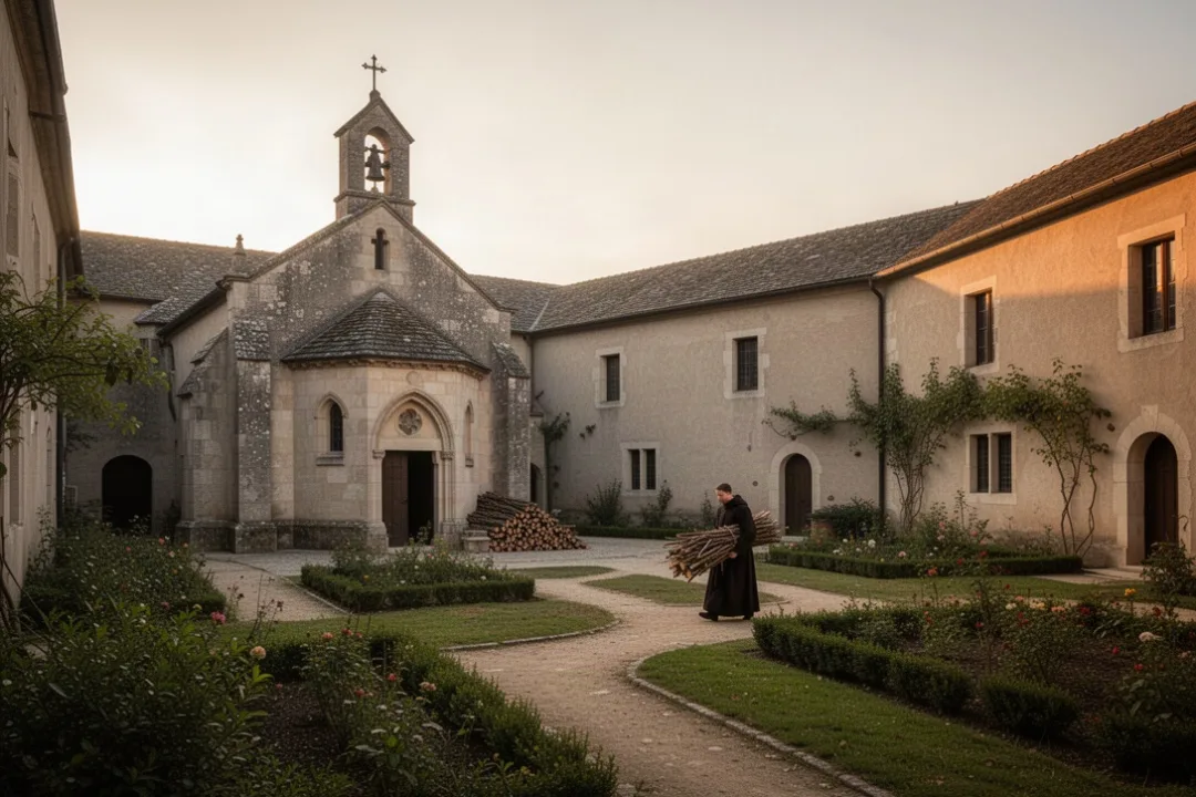 Benedictine monk carrying firewood through a monastery courtyard
