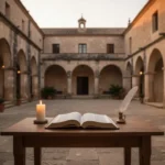 S. Teresa: life, writings, prayer, and legacy Historic Carmelite monastery courtyard with devotional book and candle