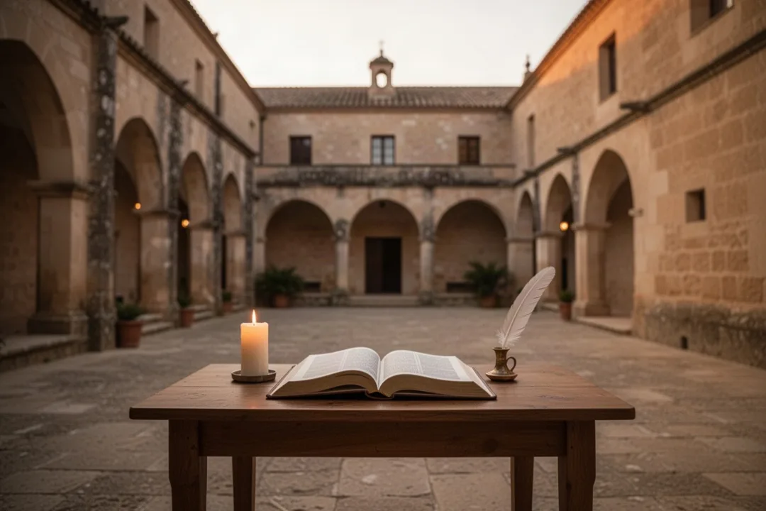 Historic Carmelite monastery courtyard with devotional book and candle