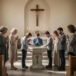 Congregation gathers around a baptismal font during a church service
