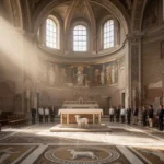 Historic Roman basilica interior with Saint Agnes lamb imagery