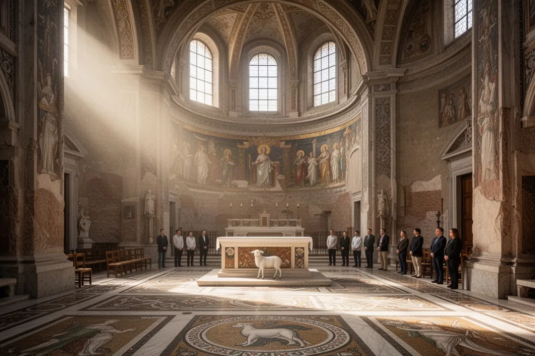 Historic Roman basilica interior with Saint Agnes lamb imagery