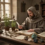 Medieval scholar studying nature alongside manuscripts and mineral specimens