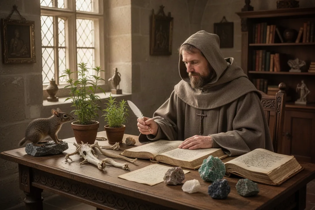 Medieval scholar studying nature alongside manuscripts and mineral specimens