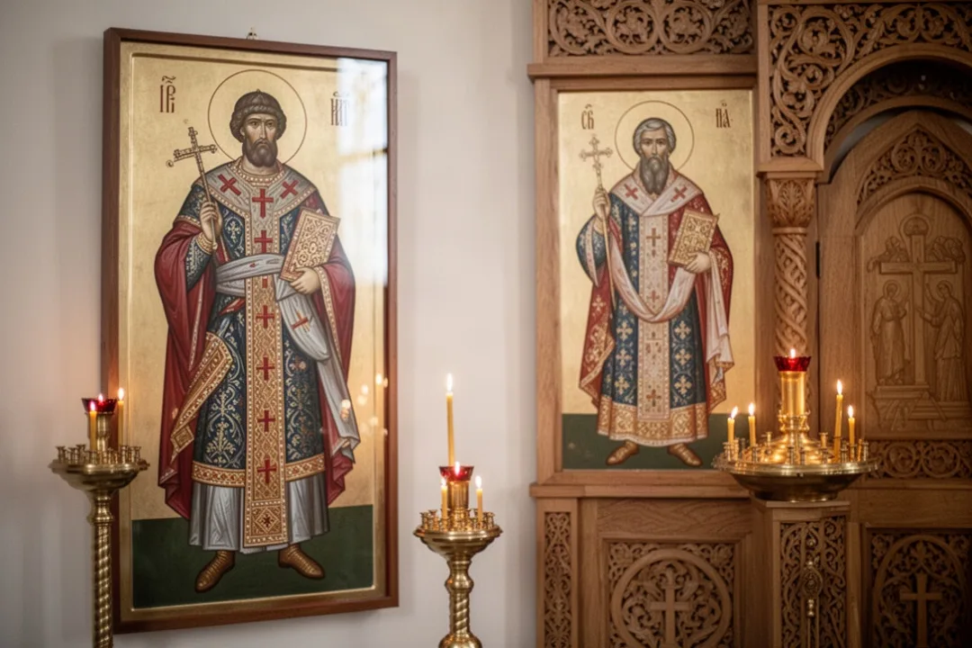 Orthodox church icon depicting Saint Alexander Nevsky in a candlelit sanctuary