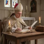 Saint Alphonsus Liguori studying theology by candlelight in a chapel