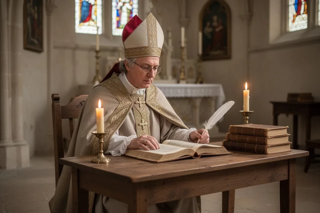 Saint Alphonsus Liguori studying theology by candlelight in a chapel