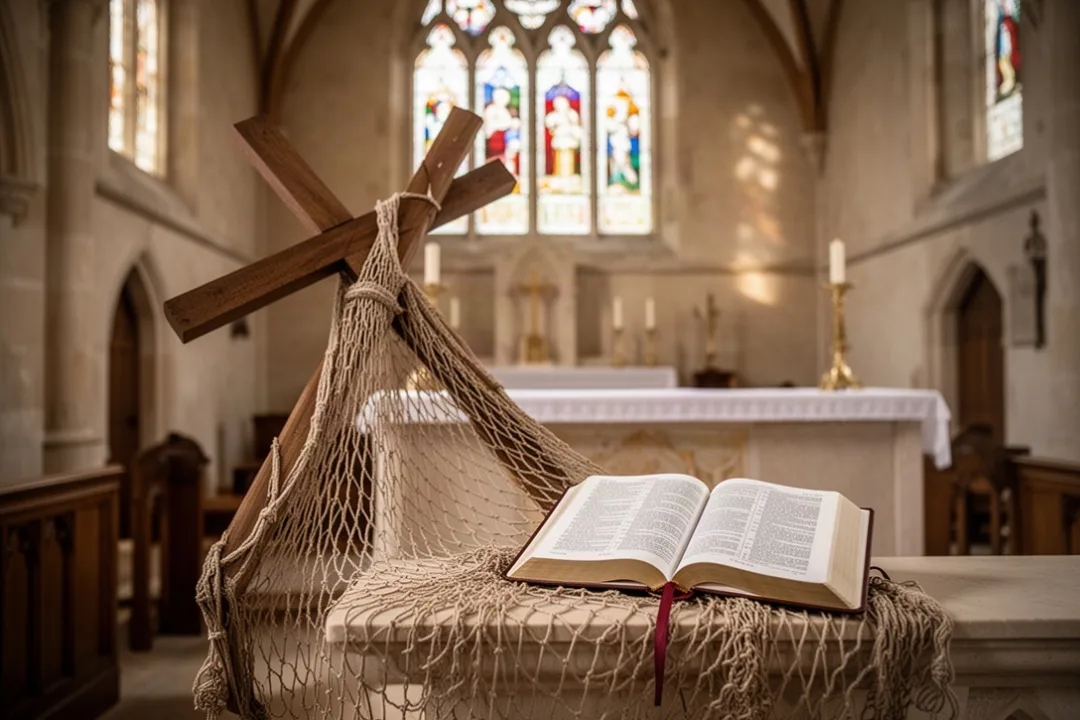 Historic church altar displaying Saint Andrew symbols and an open Bible