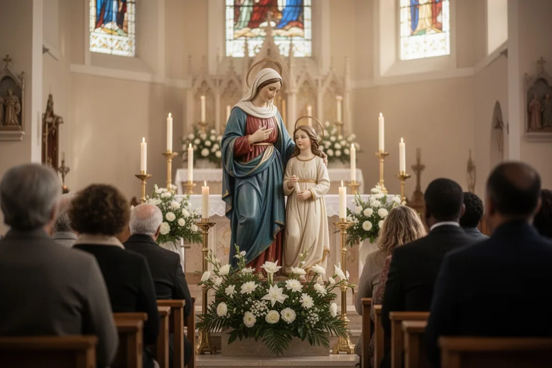 Saint Anne teaching young Mary in a warmly lit church