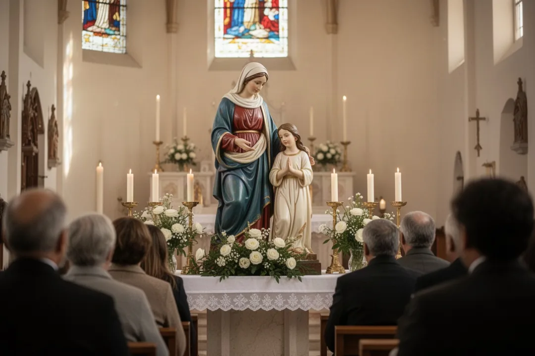 Saint Anne teaching young Mary in a warmly lit church