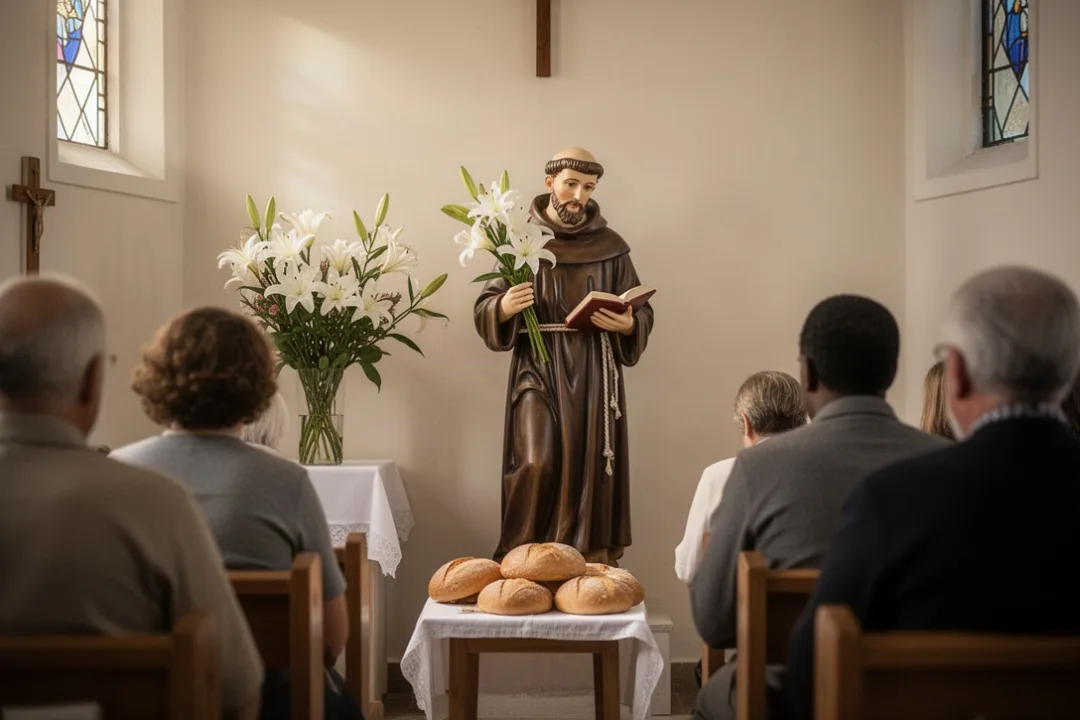 Saint Anthony statue beside blessed bread in a parish chapel