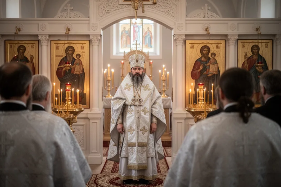 Bishop celebrating a Saint Basil service inside a candlelit Eastern Christian church