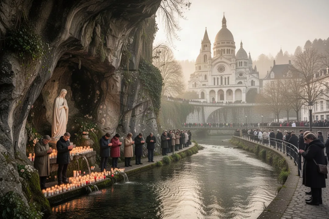 Pilgrims praying at the Massabielle grotto in Lourdes