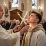 Minister giving a traditional Saint Blaise throat blessing in church