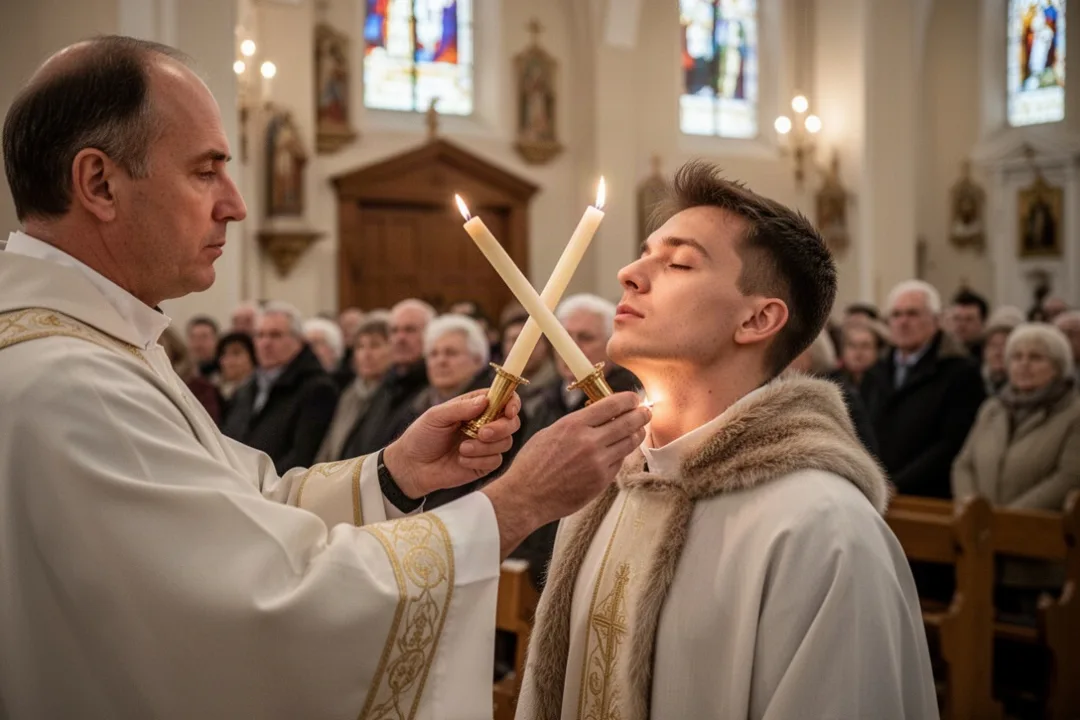 Minister giving a traditional Saint Blaise throat blessing in church