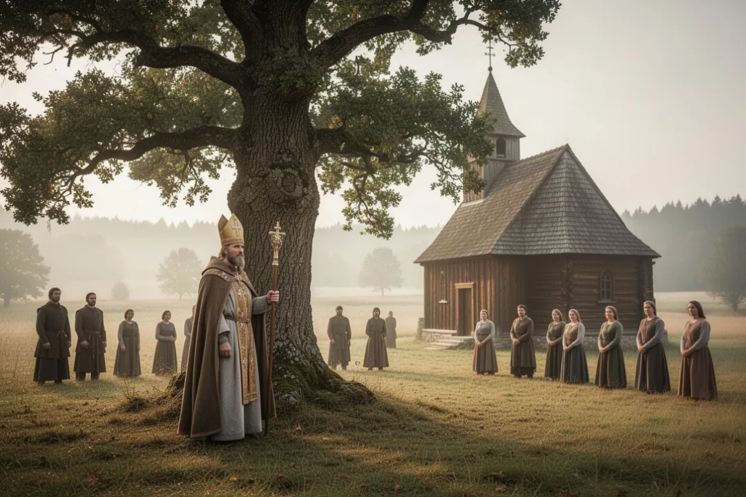 Medieval Saint Boniface beside an oak near a rural church