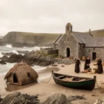 Irish monks preparing a boat beside a rugged Atlantic monastery
