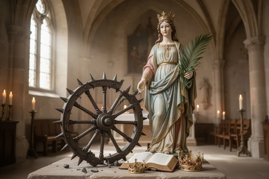 Saint Catherine statue with wheel, book, crown, and martyr’s palm